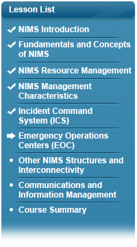 Checkmark next to NIMS Introduction, checkmark next to Fundamentals and Concepts of NIMS, checkmark next to NIMS Resource Management, checkmark next to NIMS Management Characteristics, checkmark next to Incident Command System, arrow next to Emergency Operations Centers, bullet next to Other NIMS Structures and Interconnectivity, bullet next to Communications and Information Management, bullet next to Course Summary.