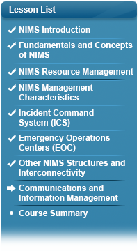 Checkmark next to NIMS Introduction, checkmark next to Fundamentals and Concepts of NIMS, checkmark next to NIMS Resource Management, checkmark next to NIMS Management Characteristics, checkmark next to Incident Command System, checkmark next to Emergency Operations Centers, checkmark next to Other NIMS Structures and Interconnectivity, arrow next to Communications and Information Management, bullet next to Course Summary.