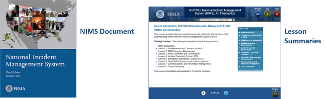 National Incident Management System, Third Edition October 2017, U.S. Department of Homeland Security Seal, Federal Emergency Management Agency (FEMA), and first screen of Independent Study IS700 course.
