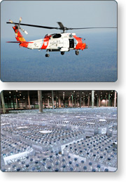 Coast guard helicopter and a room filled with cases of bottled water.