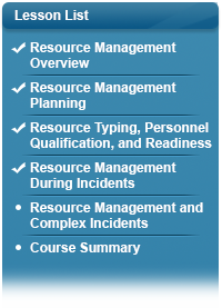 Checkmarks next to Resource Management Overview; Resource Management Planning; Resource Typing, Personnel Qualification, and Readiness; and Resource Management During Incidents. Bullets next to Resource Management and Complex Incidents; and Course Summary.