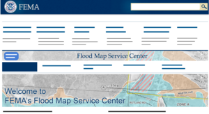 A graphic of a FEMA webpage.  The FEMA logo (U.S. Department of Homeland Security FEMA) is in the top left corner with several lines beneath it indicating text. In the middle of the page are the words Flood Map Service Center with several lines beneath it indicating text.  The bottom half of the page shows part of a flood map with the words Welcome to the FEMA Flood Map Service Center written on top of it.