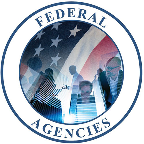 Seal with text Federal Agencies on the outer circle and a collage of the U.S. flag and Federal buildings and employees in the center