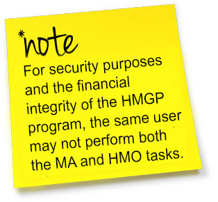 Yellow sticky note with text: "NOTE: For security purposes and the financial integrity of the HMGP program, the same user may not perform both the MA and HMO tasks."