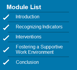 Module List: Introduction (with checkmark); Recognizing Indicators (with checkmark); Interventions (with checkmark); Fostering a Support Work Environment (with checkmark); Conclusion (with checkmark).