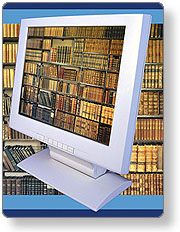 Computer screen with books and bookcase