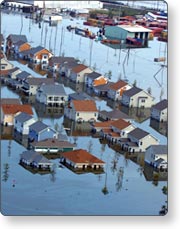 Large community houses cover by flood