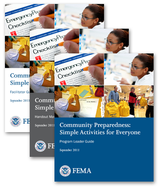Covers of three Community Preparedness: Simple Activities for Everyone guides: Program Leader Guide, Handout Masters, and Facilitator Guide.