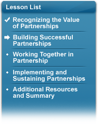 Lesson list including: Recognizing the Value of Partnerships [checked – completed lesson], Building Successful Partnerships [arrow – upcoming lesson], Working Together in Partnership, Implementing and Sustaining Partnerships, and Additional Resources and Summary