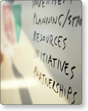A list of words written on a white board. The list includes the word Resources.