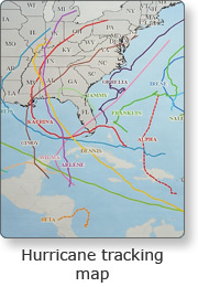 A hurricane tracking map of the eastern United States and Mexico, and Central America and the Caribbean, showing various storm paths.