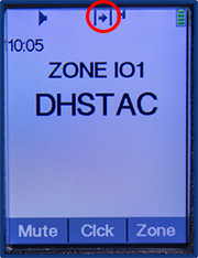 Close-up photograph of the radio display screen on a (Motorola APX model) portable radio. The radio screen shot contains the time, battery strength indicator, zone name, channel name, and three menu items across the bottom. Along the top of the screen is an icon of a small arrow pointing to the right in between two vertical bars indicating the radio is currently selected on a simplex channel. There is a red circle around the arrow icon to highlight it as the key topic from ths slide. The radio display contains the following text: the time of 10:05 in the upper left corner, Zone IO1 in the center with DHSTAC directly underneath representing the Zone and Channel Name. Three menu items across the bottom read Mute, Clck, Zone from left to right.