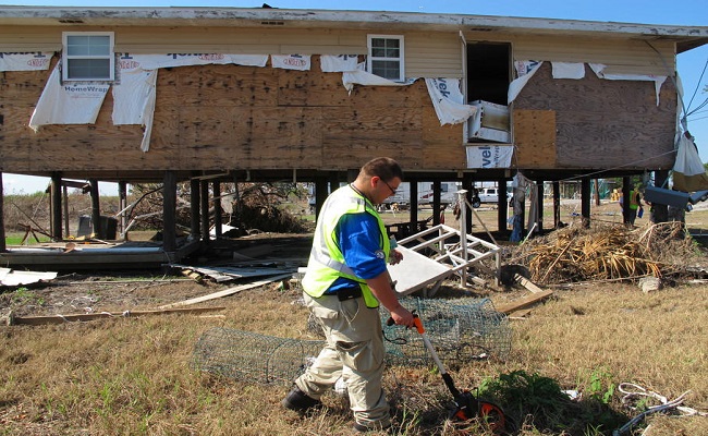 FEMA Corps member surveys private property.
