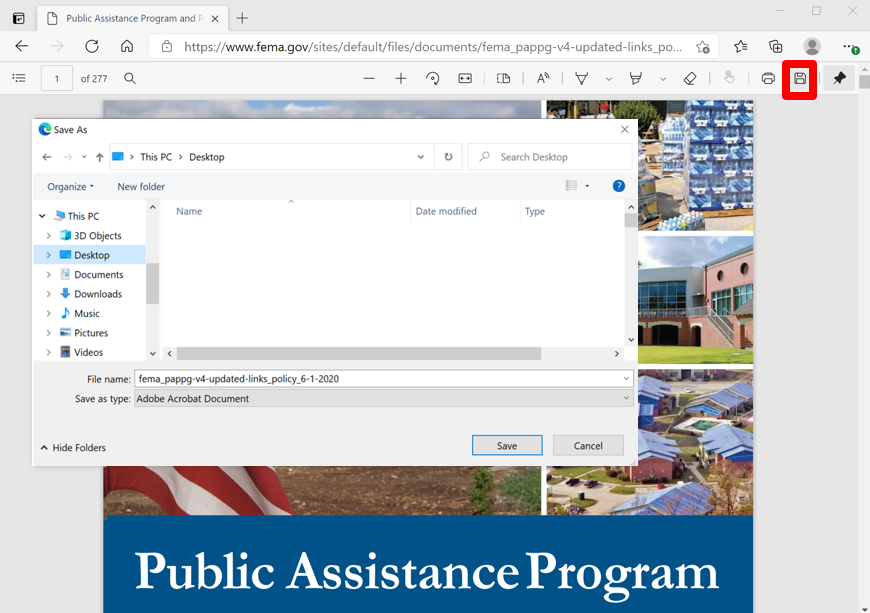 PAPPG with red box around diskette icon showing pop-up window to save the file