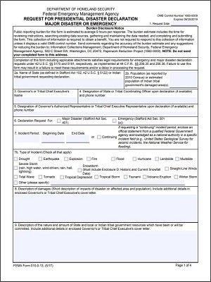 Department of Homeland Security FEMA Request for Presidential Disaster Declaration Major Disaster or Emergency form that an executive fills out to provide the President to request a declaration.