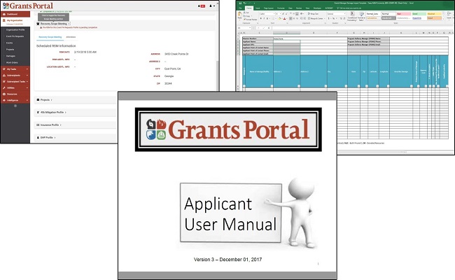 Bottom: Cover of the Grants Portal User Manual for Applicants.Top-Left: The scheduled time of the Recovery Scoping Meeting (located in Grants Portal).Top-Right: The Damage Inventory.