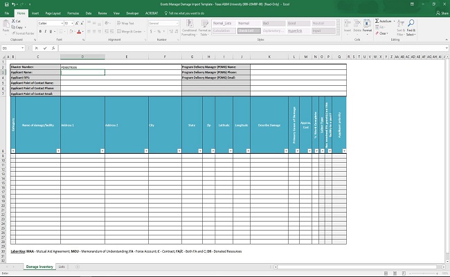 A blank Damage Inventory, which is an Excel spreadsheet.