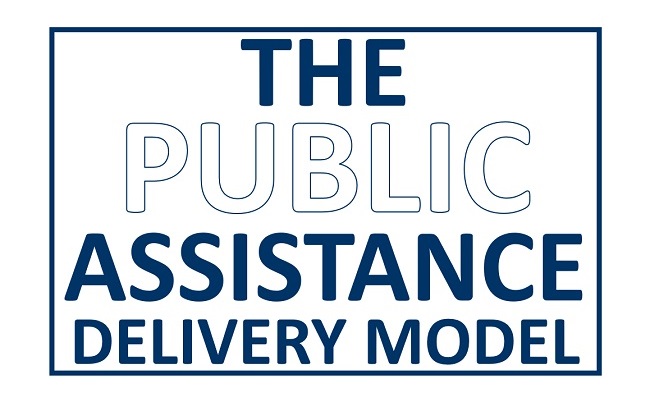 A white box with blue text that says, "The Public Assistance Delivery Model".