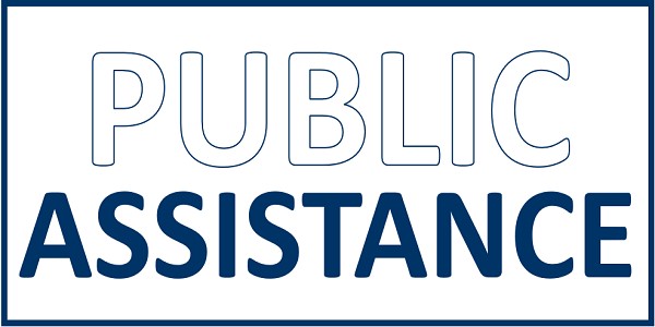 A white box with blue text that says, "Public Assistance".