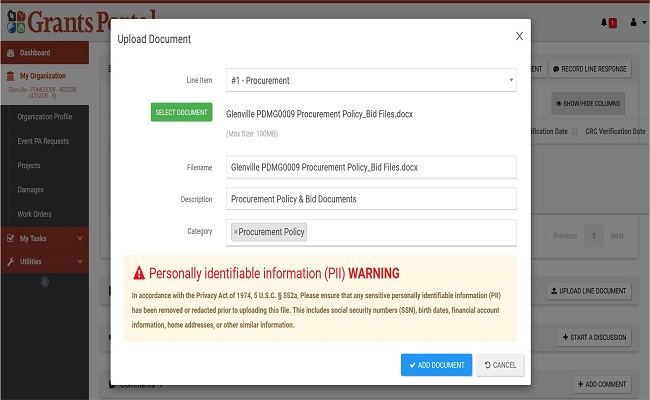 Grants Portal RFI Upload Document Pop-Up (filled). Please refer to Appendix 4-37 for full description.