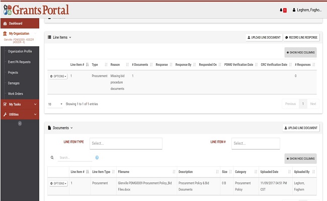 Grants Portal RFI Line Items & Documents. Please refer to Appendix 4-38 for full description.