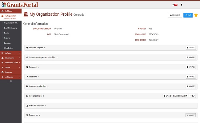 Grants Portal My Organization Profile: Colorado. Please refer to Appendix 2-38 for full description.