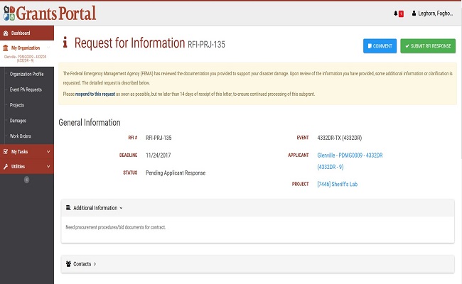 Grants Portal RFI Page. Please refer to Appendix 4-39 for full description.