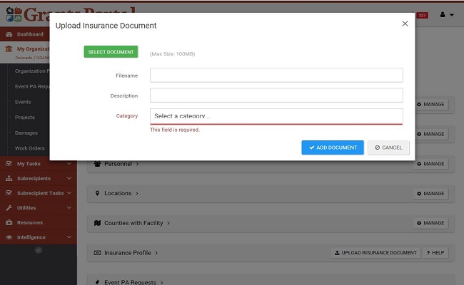 Grants Portal Upload Insurance Document Pop-Up. Please refer to Appendix 2-51 for full description.