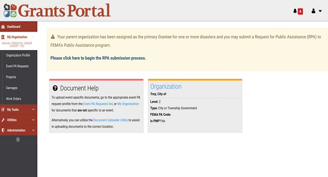 Grants Portal Dashboard RPA Alert. Please refer to Appendix 2-52 for full description.