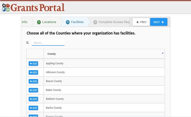 Grants Portal Organization Account Setup: Facilities Location Request. Please refer to Appendix 2-7 for full description.