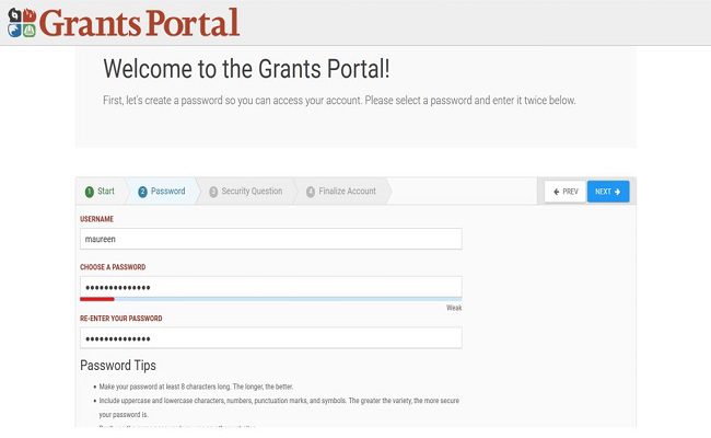 Grants Portal Account Activation: Password. Please refer to Appendix 2-12 for full description.