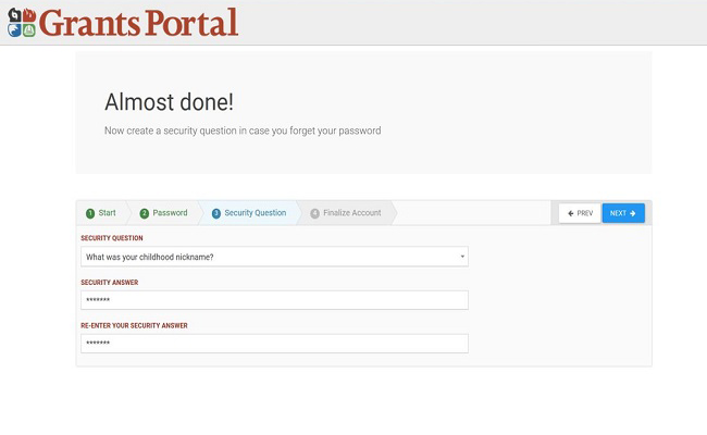 Grants Portal Account Activation: Security Question. Please refer to Appendix 2-13 for full description.