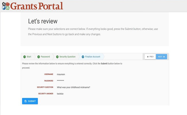 Grants Portal Account Activation: Finalize Account Review. Please refer to Appendix 2-14 for full description.