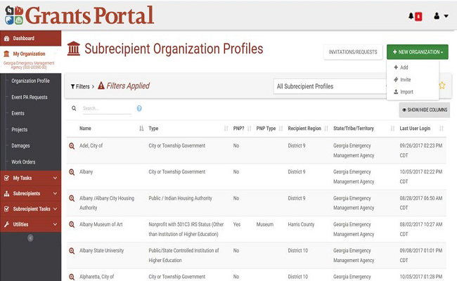 Grants Portal Subrecipient Organization Profiles Page. Please refer to Appendix 2-20 for full description.