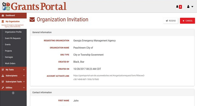 Grants Portal Organization Invitation Page. Please refer to Appendix 2-22 for full description.