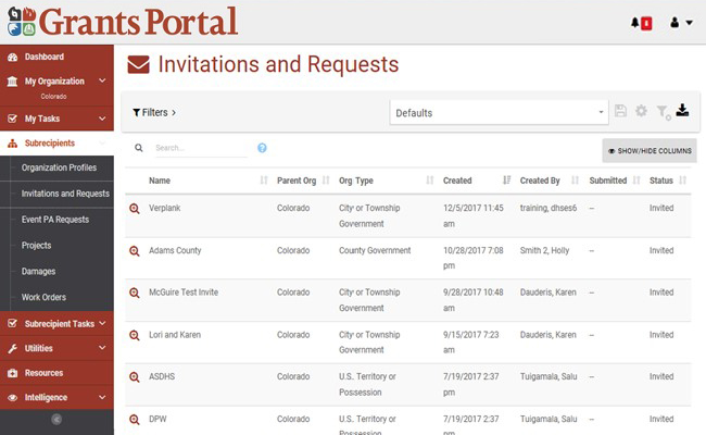 Grants Portal Invitations and Requests Page. Please refer to Appendix 2-24 for full description.