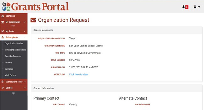 Grants Portal Organization Request Page. Please refer to Appendix 2-25 for full description.