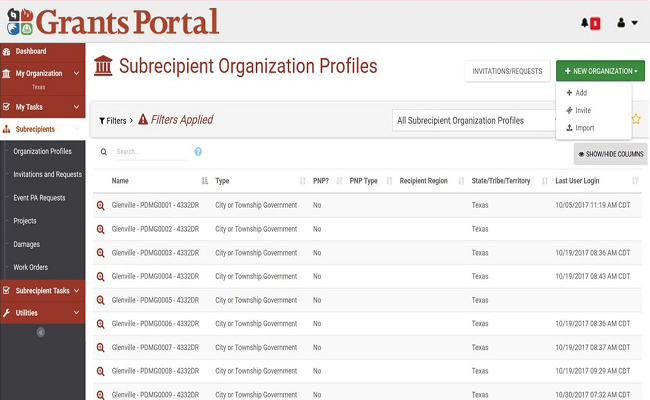 Grants Portal Subrecipient Organization Profiles Page for Applicant. Please refer to Appendix 2-28 for full description.