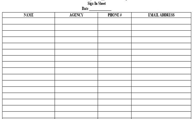 Sign-In Sheet. Date: (blank). Table column headers: Name, Agency, Phone #, Email Address. All columns are blank.