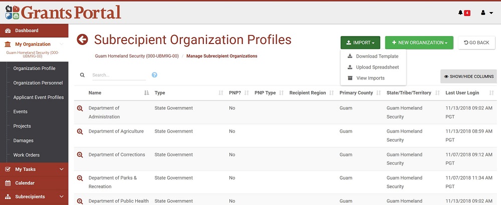 Grants Portal Subrecipient Profile, import menu. Please refer to Appendix 3-35 for full image description.