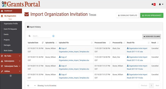 Grants Portal Import Organization Invitation Page. Please refer to Appendix 2-29 for full description.