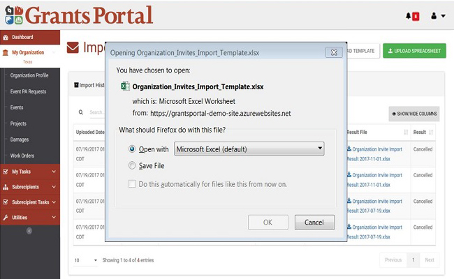 Grants Portal Organization Invite Template Pop-Up. Please refer to Appendix 2-30 for full description.