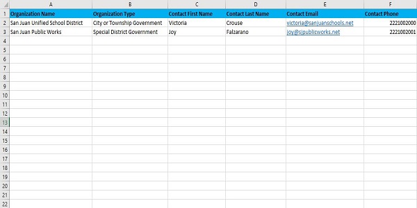 Grants Portal Organization Invite Excel Spreadsheet. Please refer to Appendix 2-31 for full description.