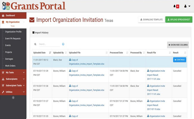 Grants Portal Import Organization Invitation Page: Continue. Please refer to Appendix 2-33 for full description.