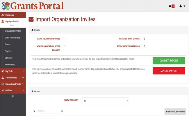 Grants Portal Commit Organization Import Page. Please refer to Appendix 2-34 for full description.