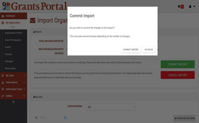 Grants Portal Commit Import Pop-Up Window. Please refer to Appendix 2-35 for full description.