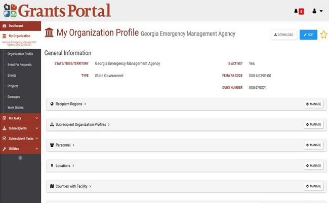 Grants Portal My Organization Profile Recipient Page. Please refer to Appendix 2-19 for full description.