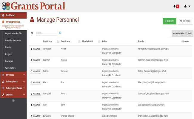 Grants Portal Manage Personnel Page. Please refer to Appendix 2-36 for full description.