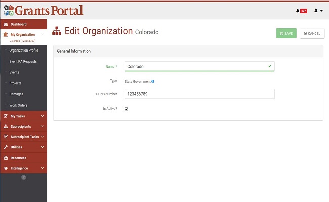 Grants Portal Edit Organization Page. Please refer to Appendix 2-39 for full description.