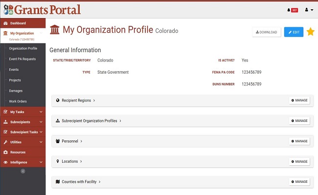 Grants Portal My Organization Profile: Colorado. Please refer to Appendix 2-38 for full description.